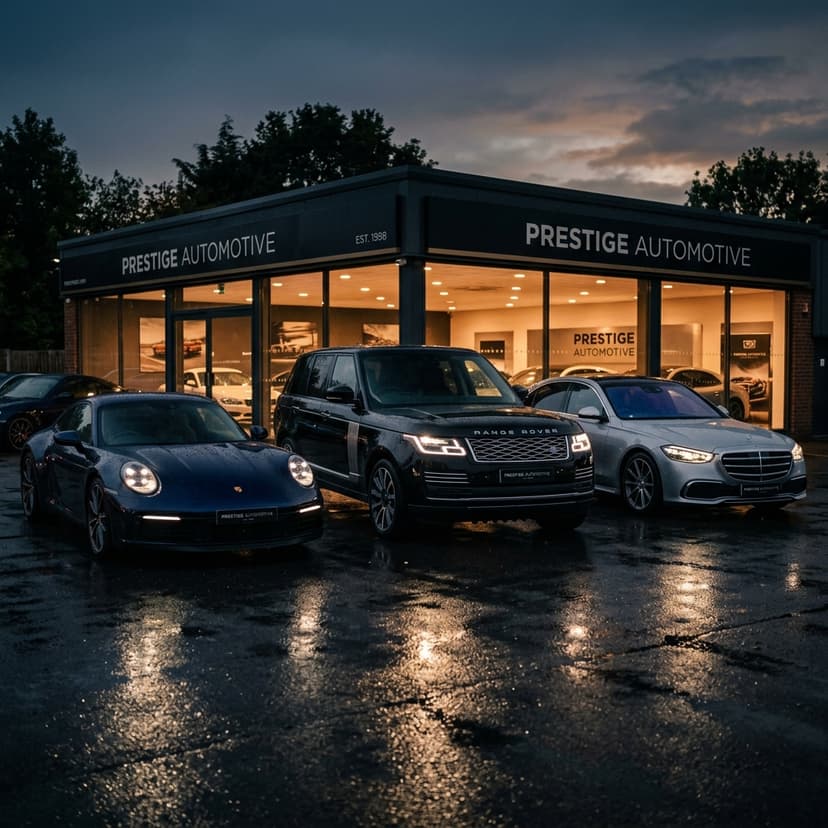 Prestige car forecourt at dusk